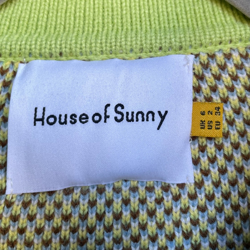 HOUSE OF SUNNY Lime Green Blue Tropical Knit Cropped Collared Cardigan Sweater - Picture 14 of 17
